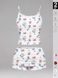 Women's Cherry Print Floral Cami Top & Shorts Pyjama, Casual Comfy Ruffle Trim Camisole & Shorts Pj Set, Ladies Sleepwear for Summer, Pajamas, Womenswear, Loungewear