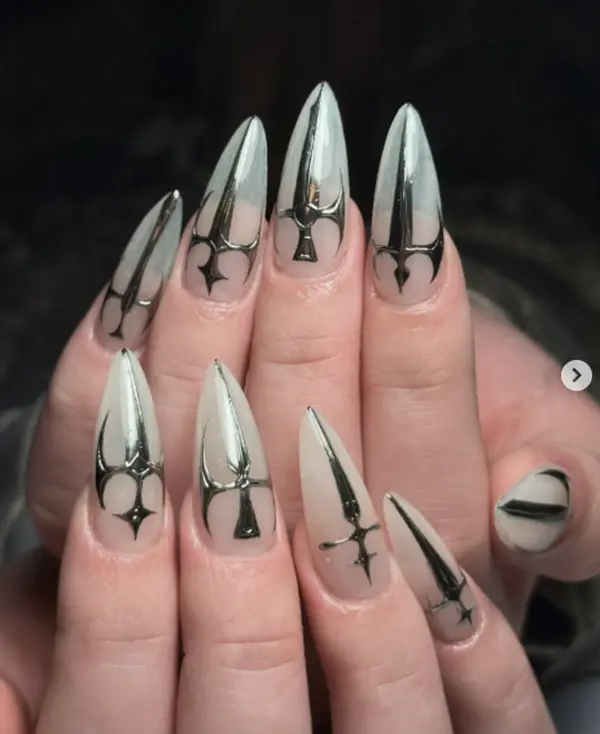 Chrome Gothic Nails, Silver Mirror Stiletto Press On Nails, Black Cross Nail Art, Futuristic Medieval Minimalist Manicure