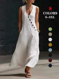 2026 CasualDress # SummerDress # BohoFashion # VNeckDress # DressesForWomen # Outfit of the Day Boho Linen Maxi Dress - Perfect for Beach, Vacation & Brunchl Sleeveles V-Neck Button DetallCasual Dres with Pockets # Sleeveless Dres #
