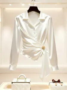 Women's Loose-Fitting Casual Shirt, Plain Pattern, All Seasons Wear, Stylish Ladies' Top, Comfortable Dailywear
