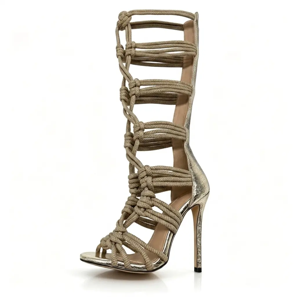 Women's Custom Boho Style Fashionable High Heels - Metallic Snake Print Open Toe Knee-High Gladiator Stiletto Sandals with Braid Strap, Slim Thin Heel, Back Zipper, Comfort Insole for Club Weddings, Boho Style Sandals, Fashionable Sandals