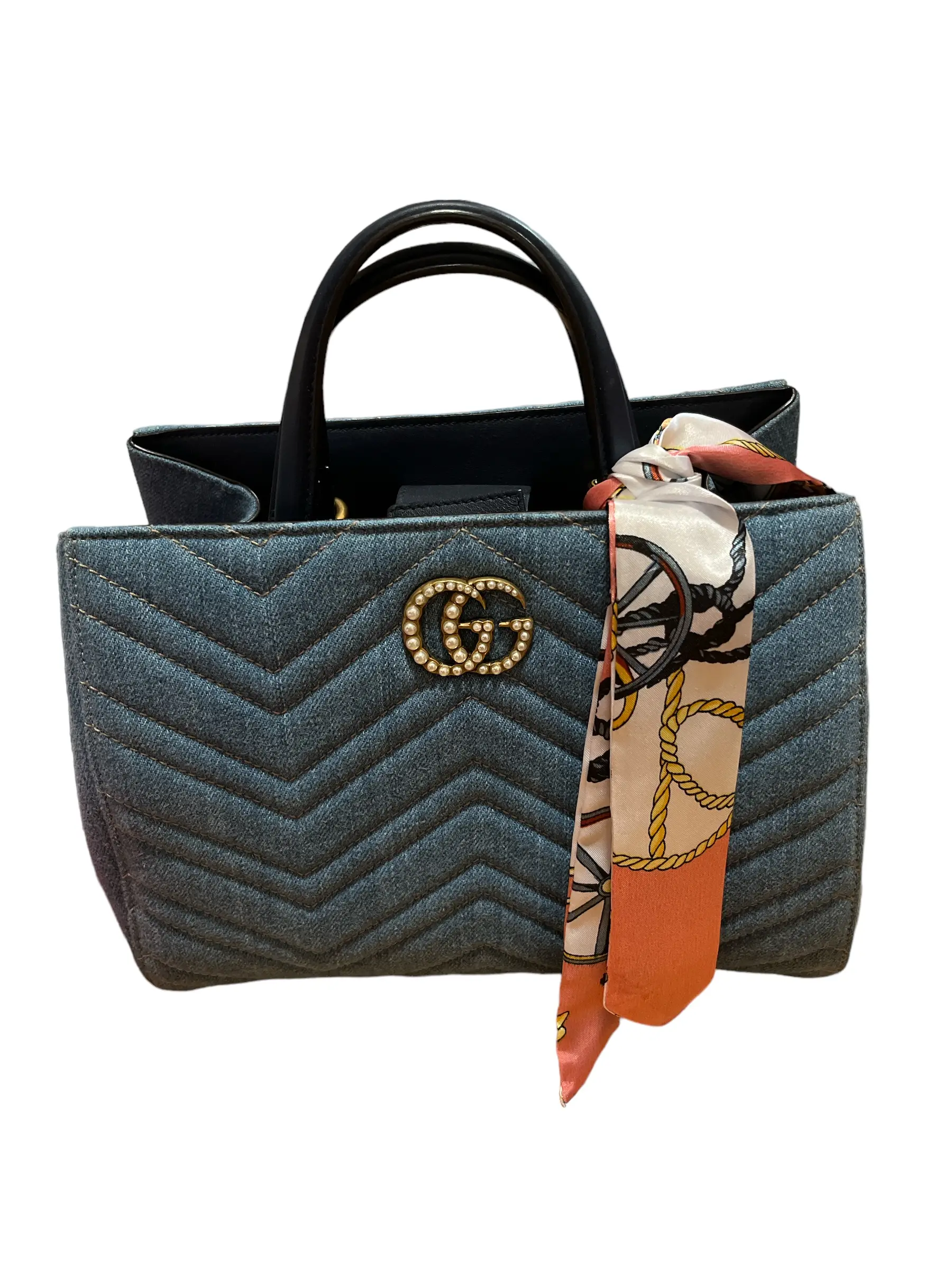 Pre-owned GUCCI quilted denim Crossbody Bags Matelasse Marmont Denim Top Handle Bag Pre Owned, Light Blue Chevron Quilted Denim, Leather Handles, Adju