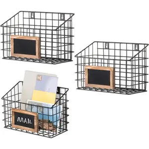 MyGift 10 Inch Wall Mounted Matte Black Metal Wire Storage Baskets with Chalkboard Labels, Small Hanging Organizer Bins for Home Entryway Kitchen Pantry Closet, Set of 3