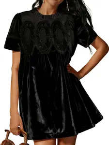 2026 Women's Velvet Lace A-Line Dress with Contrast Mesh Pockets, Loose-Fitting Knee Length Dress for Weddings, Colorblock and Patchwork Style