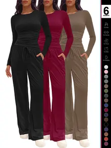 Women's Solid Ruched Drawstring Loungewear Set, Casual Long Sleeve Round Neck Top & Pocket Wide Leg Trousers, Ladies Sleepwear for All Seasons