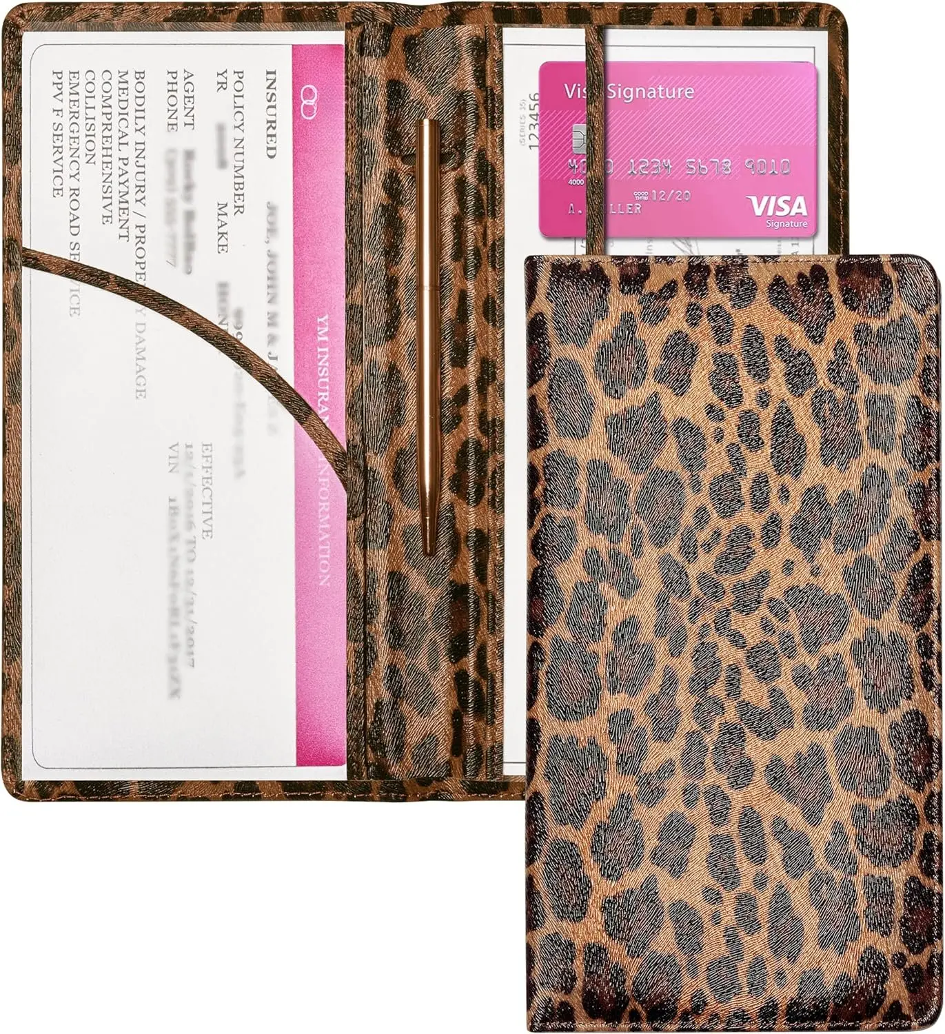 Leopard Print Car Tax Disc Holder - 0.4in Slim Fit, 9.4x4.9in Organizer with Closure, Leather/PVC/Synthetic Material, Multiple Pockets, 4.9in Glove Box Fit for Teens