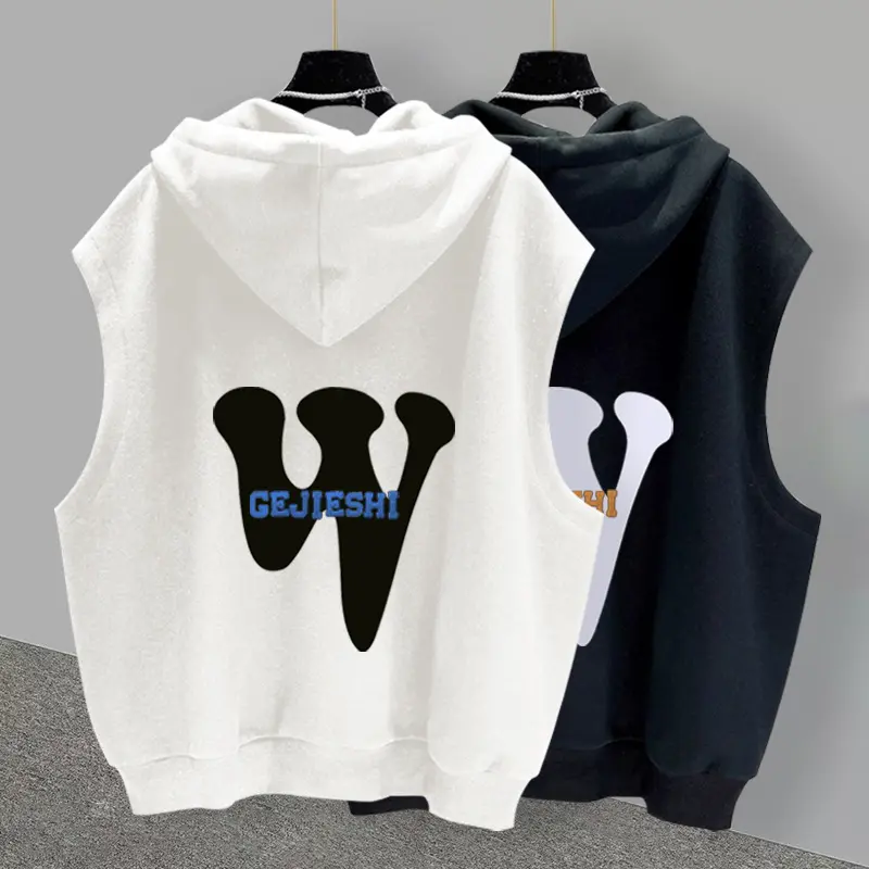 Men's solid color sleeveless hoodie T-shirt, loose casual hip-hop sleeveless vest, summer everyday wear