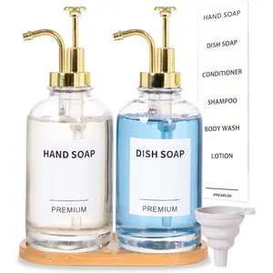 Dish Soap Dispenser for Kitchen, Hand Glass Soap Dispenser Set with Pump, Tray, Funnel for Bathroom, Shower, Laundry, Liquid, Lotion ( 2 Pack 18 Oz Clear Bottles with 12 Stickers)