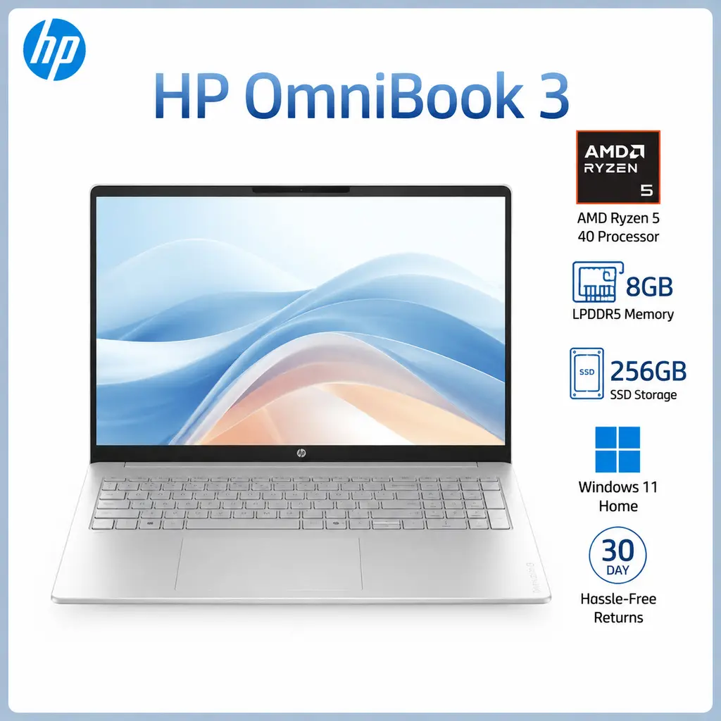 HP OmniBook 3 Next Gen AI Laptop Computer - 16in WUXGA Touchscreen, Quad-Core Ryzen 5 4000 Series, 8GB RAM, Up to 1TB SSD, Windows 11 Home, Built-in Type-C Port, Glacier Silver Portable Workspace