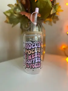 "Hocus Pocus" Glass Cup with Bamboo Lid and Glass Straw for Hot and Cold Beverages - Handmade Design, Dishwasher Safe