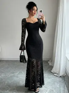Elegant Women's Lace Sheer Square Neck Backless Bodycon Mermaid Long Dress, Formal Wear, Party Evening Gown, Birthday Gift