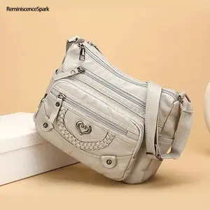 Vintage Multi-Pocket Crossbody Bag for Women – Brown/Gray/Red/Black Monochrome Tote with Adjustable Shoulder Strap, Large Capacity Heart Decoration Design, Trendy Casual Bag Ideal for Daily Use