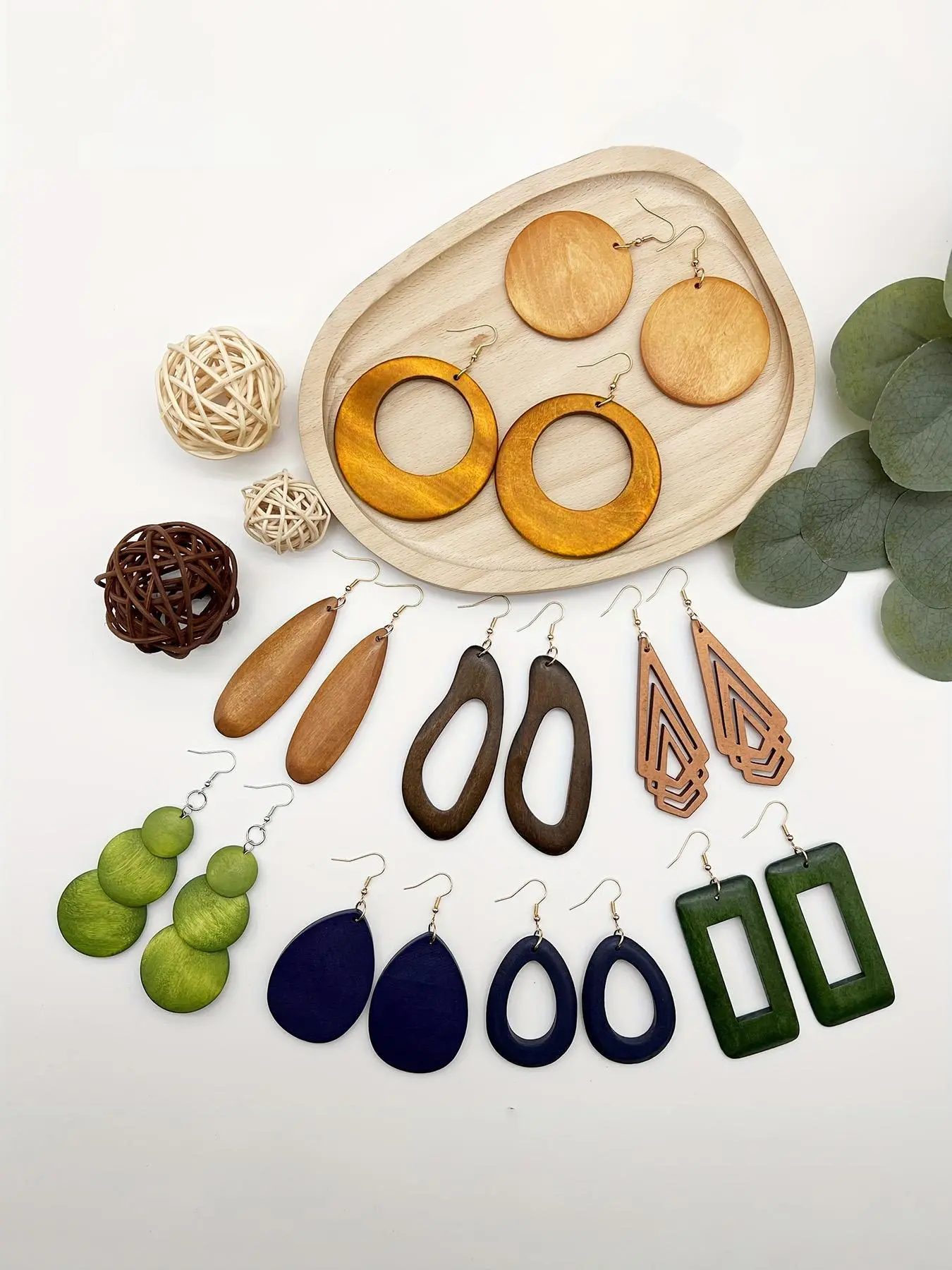 Women's Geometric Wood Earrings, Teardrop/Round/Rectangle Shapes, Boho Style Jewelry, Bohemian Earrings, Vintage Fashion Statement Earrings, Versatile Earrings for Daily Wear, Gift Idea