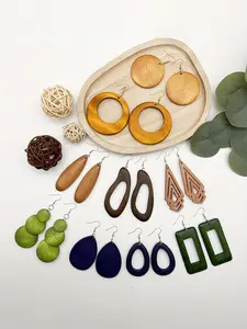 Women's Geometric Hollow Water Drop Round Square Wood Earrings Set, Boho Style Jewelry, Vintage Ethnic Fashion, Daily Wear, statement earrings, versatile earrings, Gift Idea