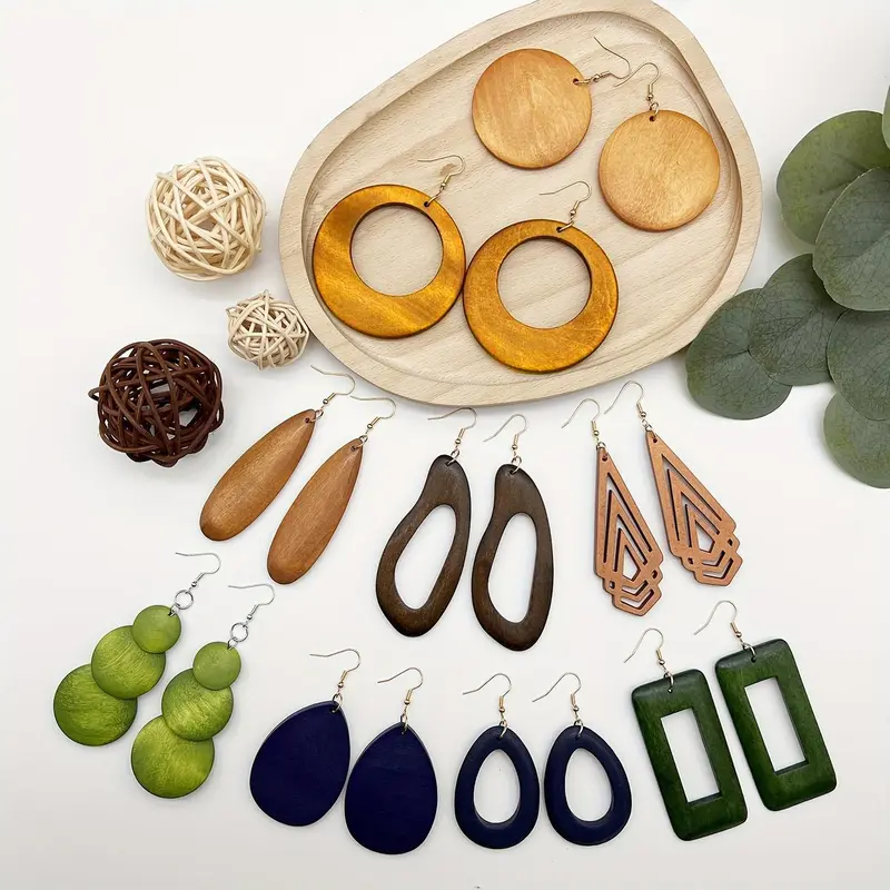 Women's Geometric Wood Earrings, Teardrop/Round/Rectangle Shapes, Boho Style Jewelry, Bohemian Earrings, Vintage Fashion Statement Earrings, Versatile Earrings for Daily Wear, Gift Idea