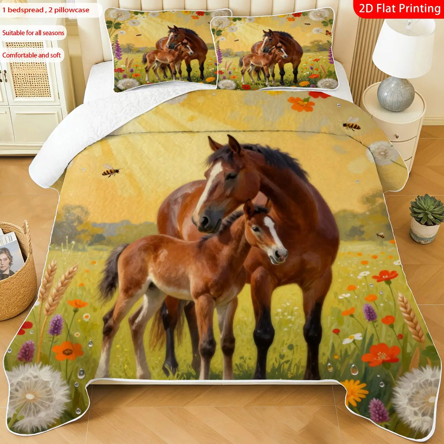 3pcs, 2D flat print Watercolor Animal Bedspread Set, Horse & Foal in Floral Meadow, multiple sizes available, bedding set, festive decorative bedding, ideal for bedroom décor(1 bedspread , 2 pillowcase)