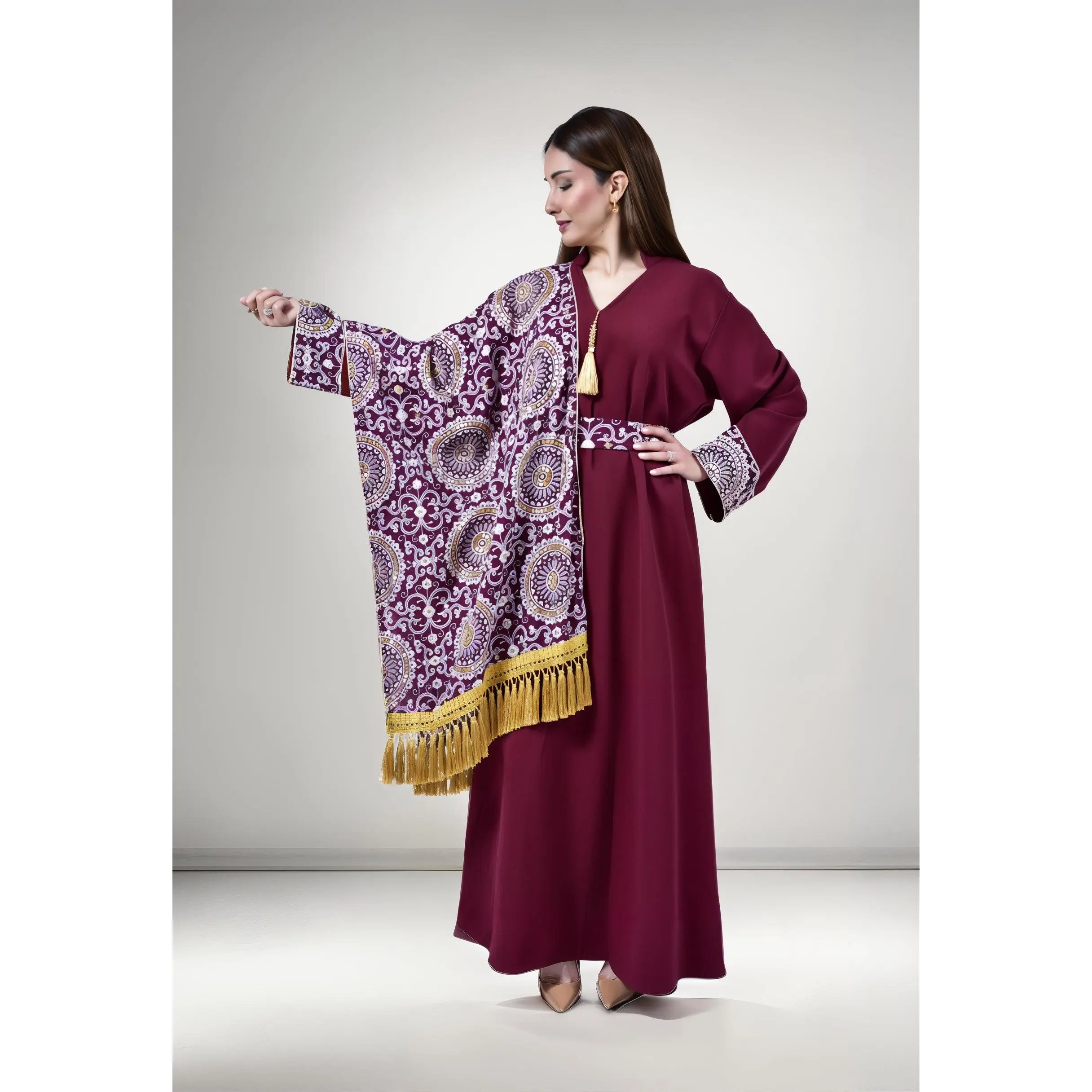 Maroon Majesty Kuwaiti Dress with Embroidered Shawl