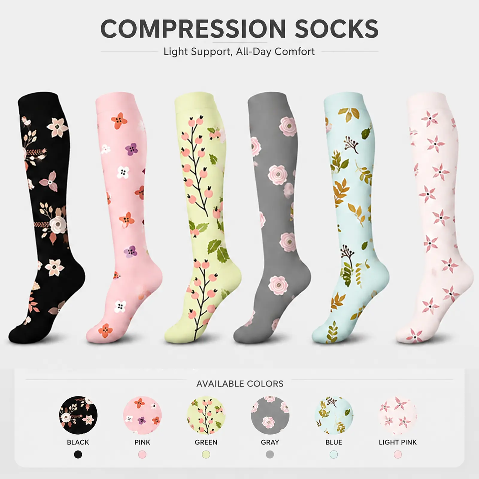 Floral Compression Socks for Women, Colorful Patterned Knee High Support Stockings, Soft Stretch Breathable Socks for Work, Travel & Everyday Wear, 6 Pairs