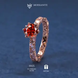 Red moissanite diamond ring, sterling silver single row rose gold fashionable ring, trendy and versatile exquisite jewelry, birthday gift, a great gift for her