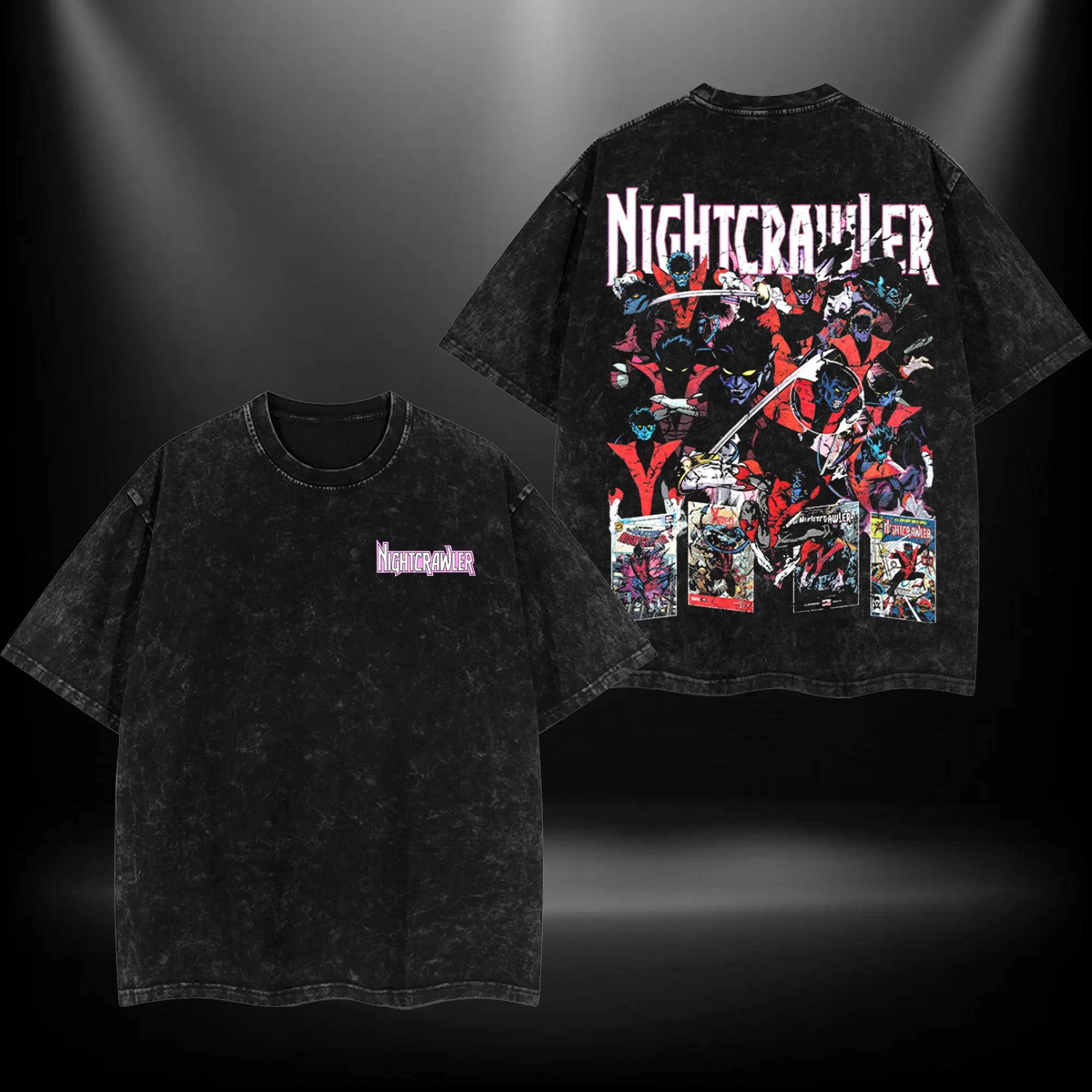 Nightcrawler Double Printed Oversize Lightweight Acid Washed Tee TV Show Graphic Top Cotton Gift T-Shirt For Comic Lover, Gift T-Shirt For Movie Lover Fit Apparel