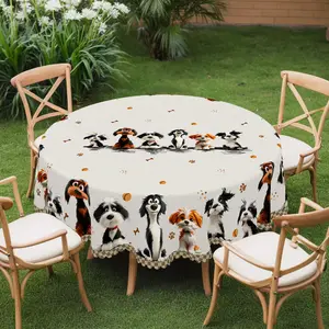 1pc Cute Dog Pattern Printed Circular Tablecloth, Spring And Autumn Farmhouse Dog Pattern Rectangular Tablecloth, Christmas Party Outdoor Decoration, Kitchen Accessories, Rural Farmhouse Style Decoration Home Tablecloth Gift table  linens