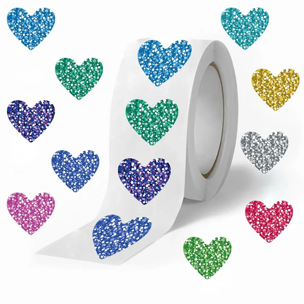 Colorful Heart Shaped Sticker, 500pcs/roll Self Adhesive Decorative Sticker, Aesthetic Stickers, DIY Decals for Water Bottle, Laptop, Phone Case, Scrapbooking, Journal Making, Glitter Stickers