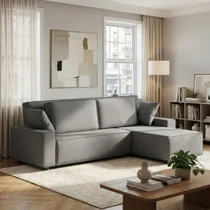 Garvee Striped Corduroy 96 Inch Extra Large Sectional Sofa, L Shaped Contemporary Couch with Deep Seating, Comfortable Sofa for Living Room, Apartment, Mall, Corduroy Dark Grey