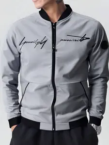 Men’s stand-collar zip windbreaker, solid color minimalist design, suitable for spring and autumn fashion casual outerwear, long sleeves, men’s clothing, fashion, long sleeves