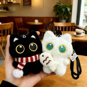 Cute and Adorable Big-Eyed Black Cat Plush Toy Holding a Small Fish, Creative Luo Xiaohei Cat Keychain for Couples