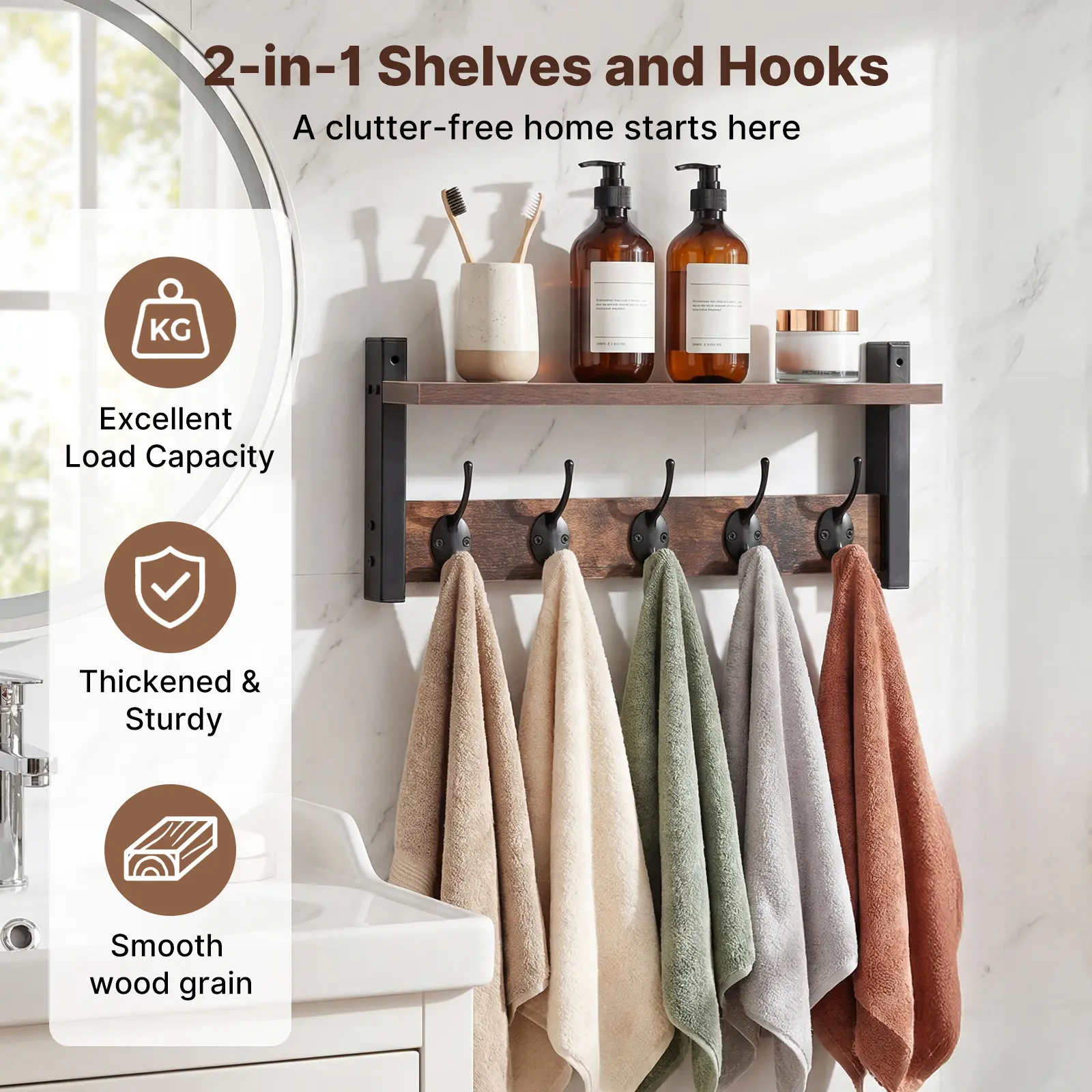 LOVEWE Rustic Wooden Wall-Mount Key Holder with Shelf - Modern Home Supplies, Apartment Accessories, Entryway Space Saver for Keys, Towel & Small Items, Indoor