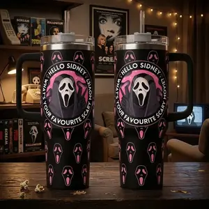 Ghostface Scream Pink Edition 40oz 20oz Tumbler with Handle Custom Insulated Cup Hello Sidney Scary Movie Graphic Travel Mug Horror Fan Gift Coquette Goth Aesthetic Water Bottle with Straw