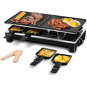 Raclette Grill, Electric Grill, Reversible 2 in 1 Non-stick Grill & Griddle Plates, Portable Korean Grill with 8 Paddles & Shovels, Black  Model