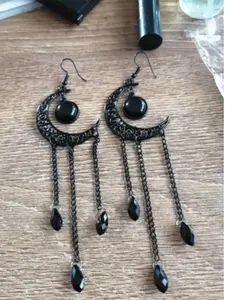 1 Pair Punk Style Creative Moon & Tassel Design Dangle Earrings, Long Chain Tassel Decor Drop Earrings, Gothic Style Party Jewelry Accessories For Women, Statement Earrings