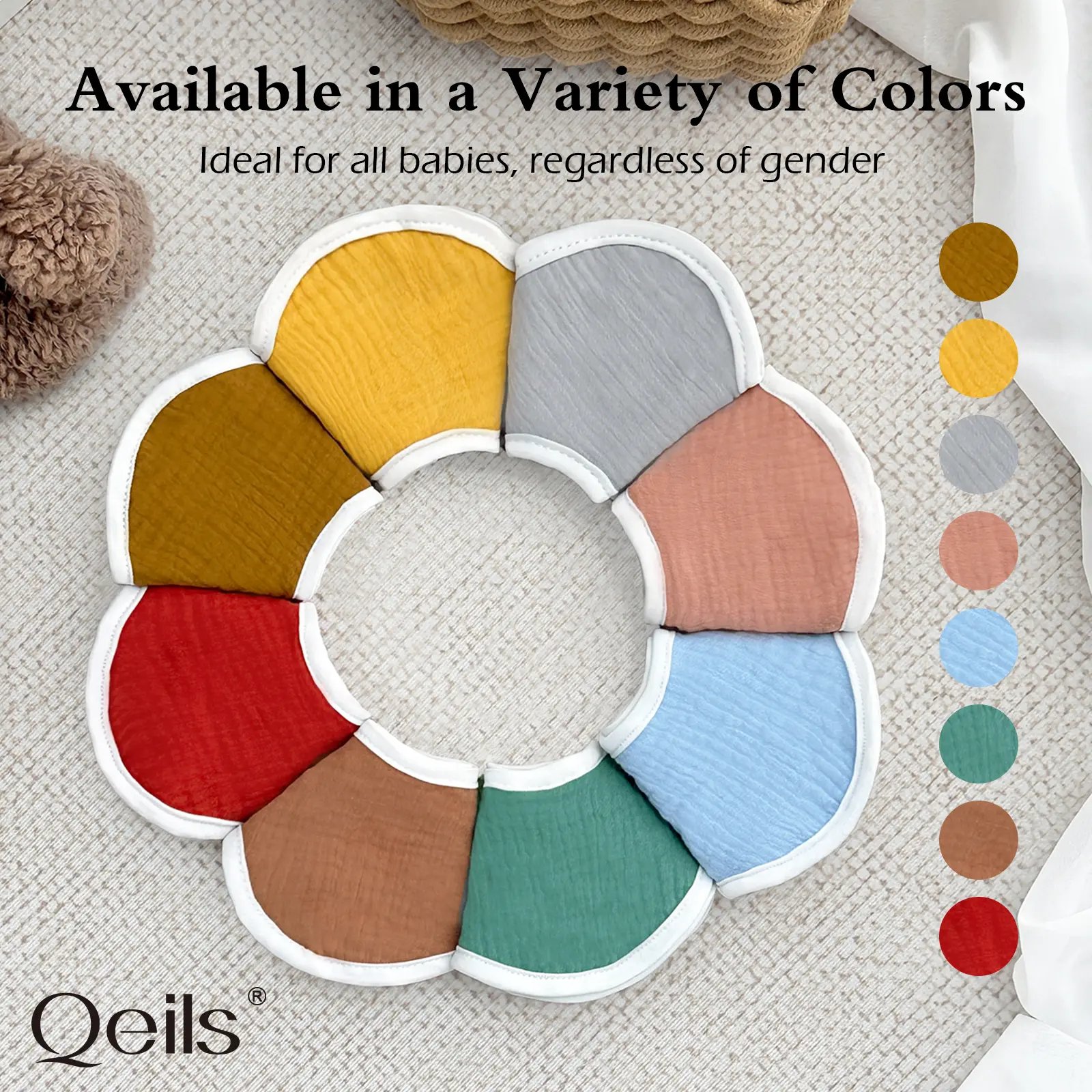 Qeils Flower Petal Cotton Baby Bibs (8-Pack) – Soft & Absorbent Drool Bibs for Boys & Girls, Baby Essentials, Breathable & Reusable, Ideal for Feeding