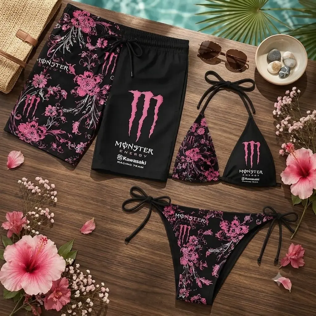 Matching Monster Floral Couple Swimwear Set - Women's Swim Bra & Tie-Side Thong Bikini, Men's Beach Shorts, Summer Vacation Hawaiian Swimwear NT14