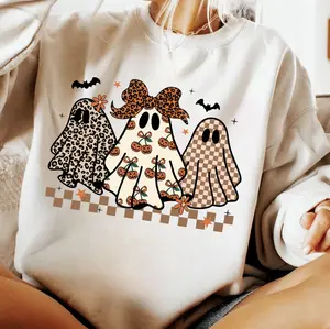 Preppy Halloween Ghost Leopard Sweatshirt, Cute Boo Ghost Coquette Pullover, Funny Spooky Season Fall Sweater