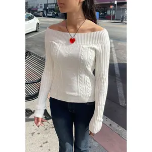 2000s Downtown Girl Cable Knit Off-The-Shoulder Sweater Top