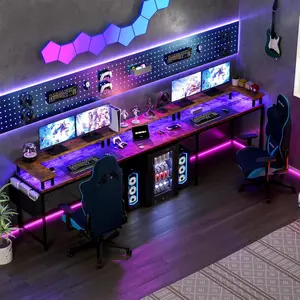 126 Inch U Shaped Home Office Desk With Reversible L Shape Dynamic Rgb Led Lighting Built In Power Outlets Usb Ports Full Monitor Stand Storage Shelves Hooks Storage Bag Durable Gaming Computer Workstation Brown Adjustable Ergonomic Chair