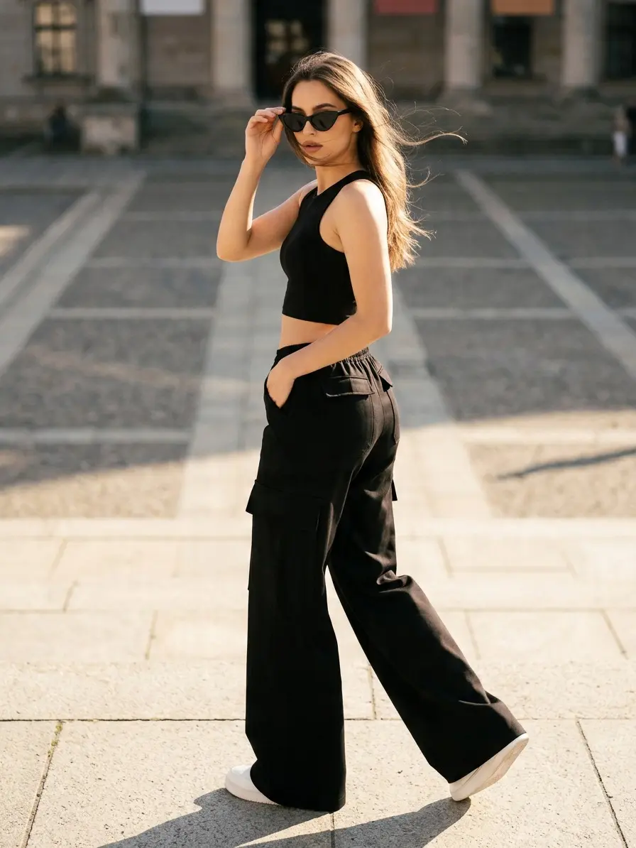 Women's High-Waisted Baggy Wide-Leg Cargo Pants - Drawstring Adjustable Bottoms, Utility Pockets, Outfits for Casual Outdoor Sports & Street Style, Oversized