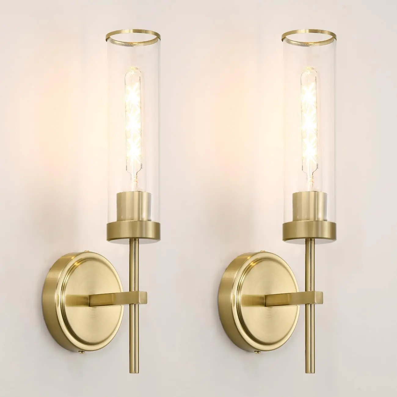 Gold Bathroom Wall Sconces (Set of 2), Modern Hardwired Clear Glass Light Fixtures, Indoor Mounted Lighting for Bathroom Vanity, Living Room