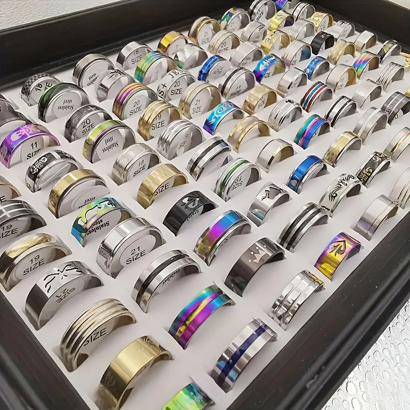 50/100pcs Wholesale Bulk Stainless Steel Ring, Fashion Classic Simple Mixed Style Jewelry,Wedding Party Gifts For Women Men