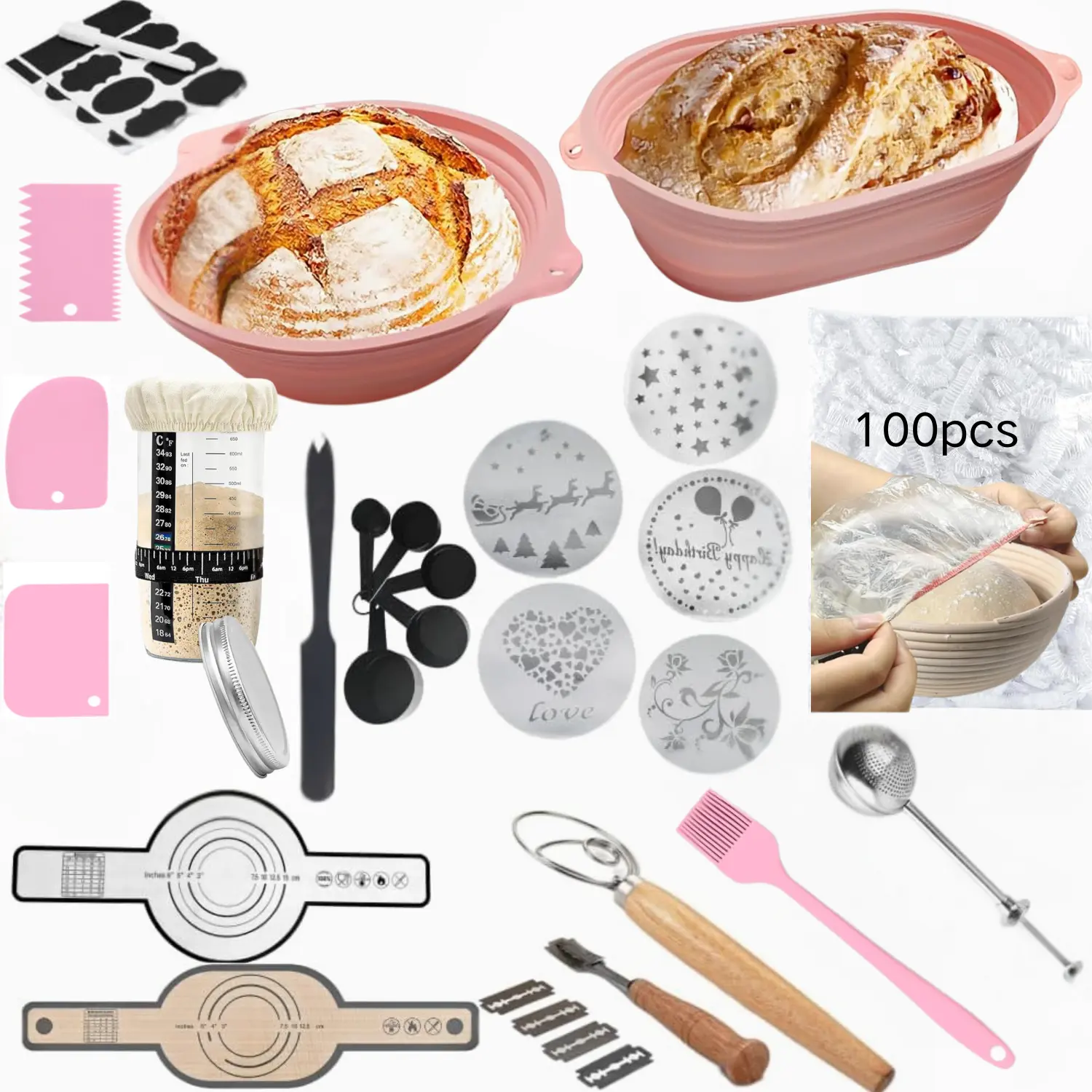 142-Piece Sourdough Baking Supplies Fermentation Basket, Collapsible Silicone Bread Fermentation Basket, [10-inch Oval + 9-inch Round], 1 22-oz Sourdough Fermentation Jar, Complete Bread Making Set Father's Gift