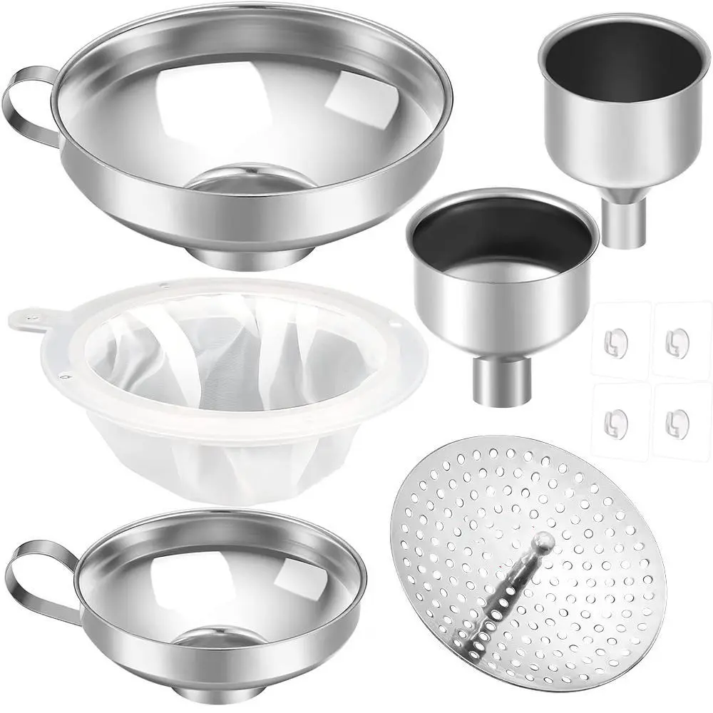 10-Piece Food Grade Stainless Steel Metal Funnel Set - 4 Large/Small Funnels, 4 Hooks, 1 Filter, 1 Strainer - Portable Kitchen Cookware Utensils for Wine, Oil Pouring & Bottle Transfer