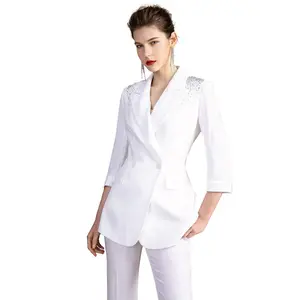 White Embellished Three Quarter Sleeves Pantsuit