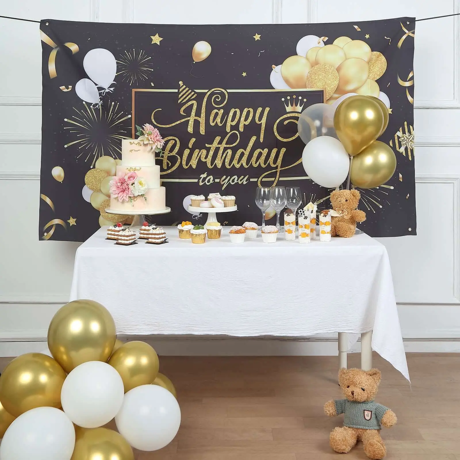 6ftx3ft Black Gold Happy Birthday Photo Booth Backdrop, Large Polyester Banner for Party Decoration Supplies, Birthday Party Decor, Happy Birthday Decorations