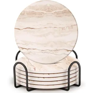 Drink Coasters Set of 6, Absorbent Coaster for Coffee Table Decor, Marble Style Ceramic Coaster for  Decor, 4 Inches