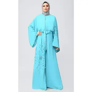 Turquoise Flower Detail Islamic Abaya With inner and belt