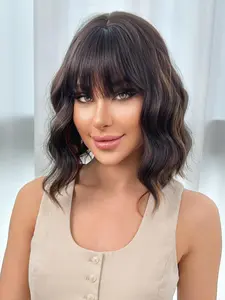 12 Inch Short Wavy Bob Wigs for Women, Gorgeous Fluffy Wigs with Curtain Bangs, Synthetic Full Machine Wigs for Party, Daily Use, Machine Made Wigs