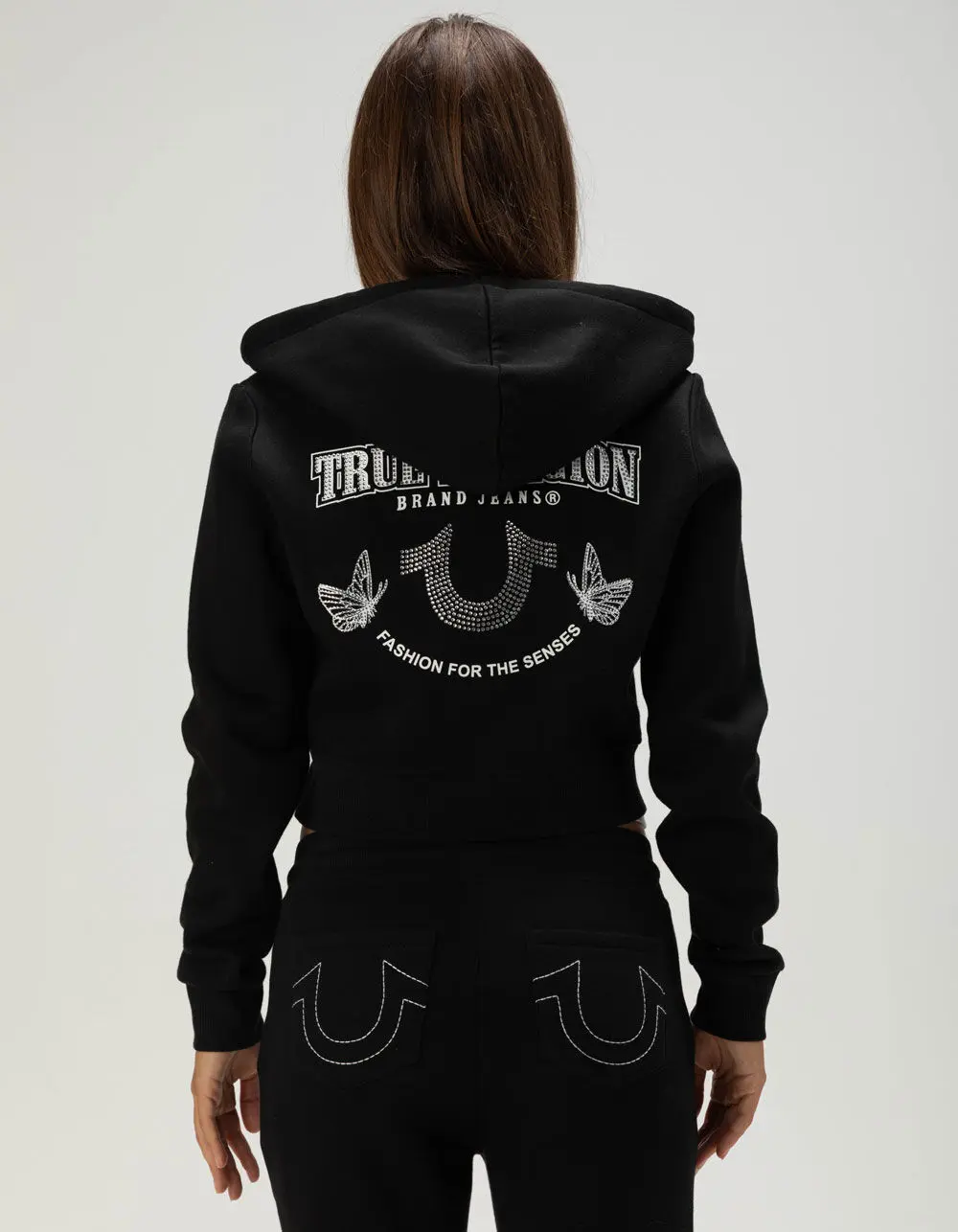 TRUE RELIGION Crystal Horseshoe Womens Crop Zip-Up Hoodie
