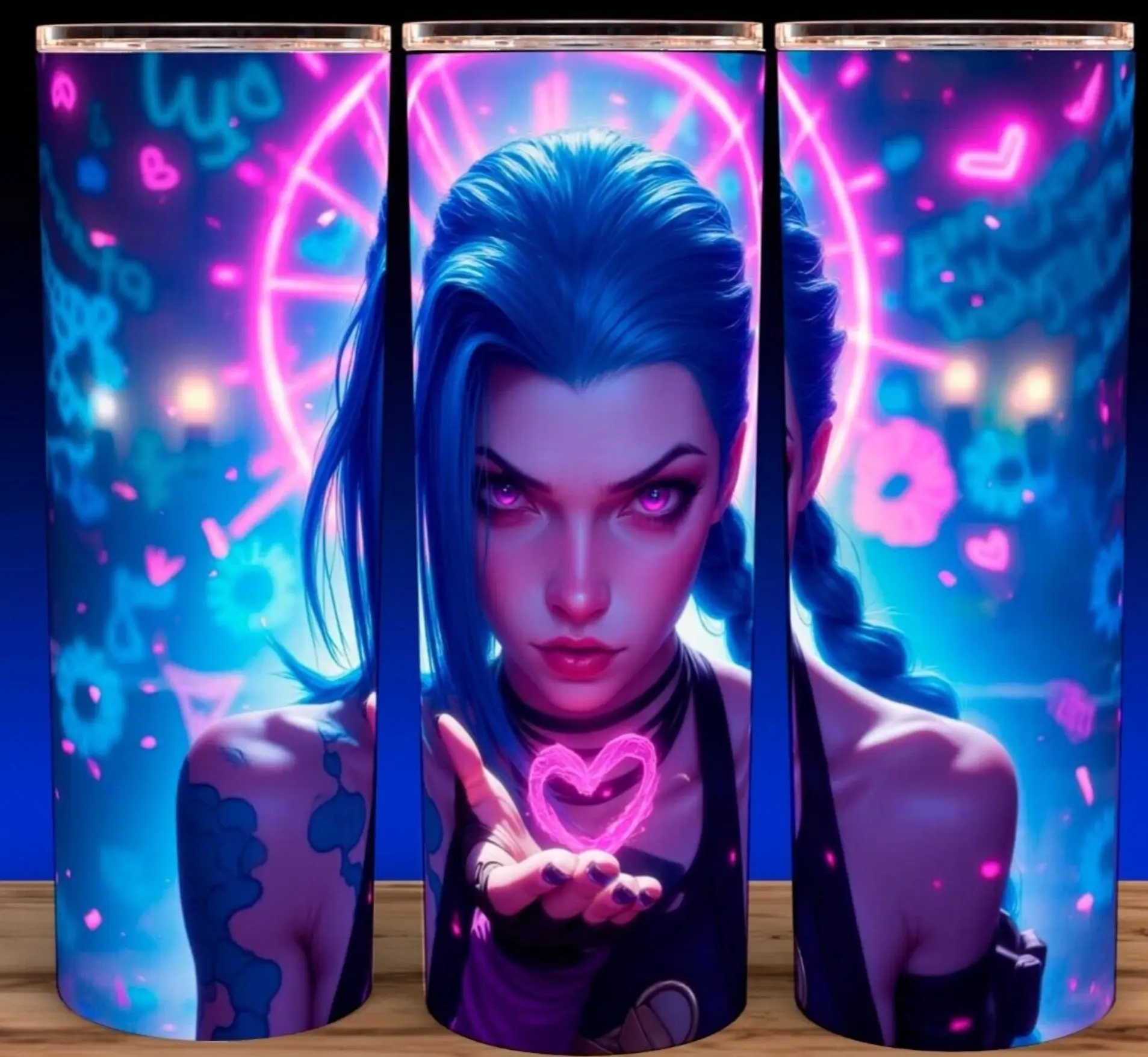 Arcane League of Legends Jinx Blowing Kiss Anime Cup Mug Tumbler 20oz with Lid & Straw, Stainless Steel, Lightweight Design for Hydration - Reusable, Stylish